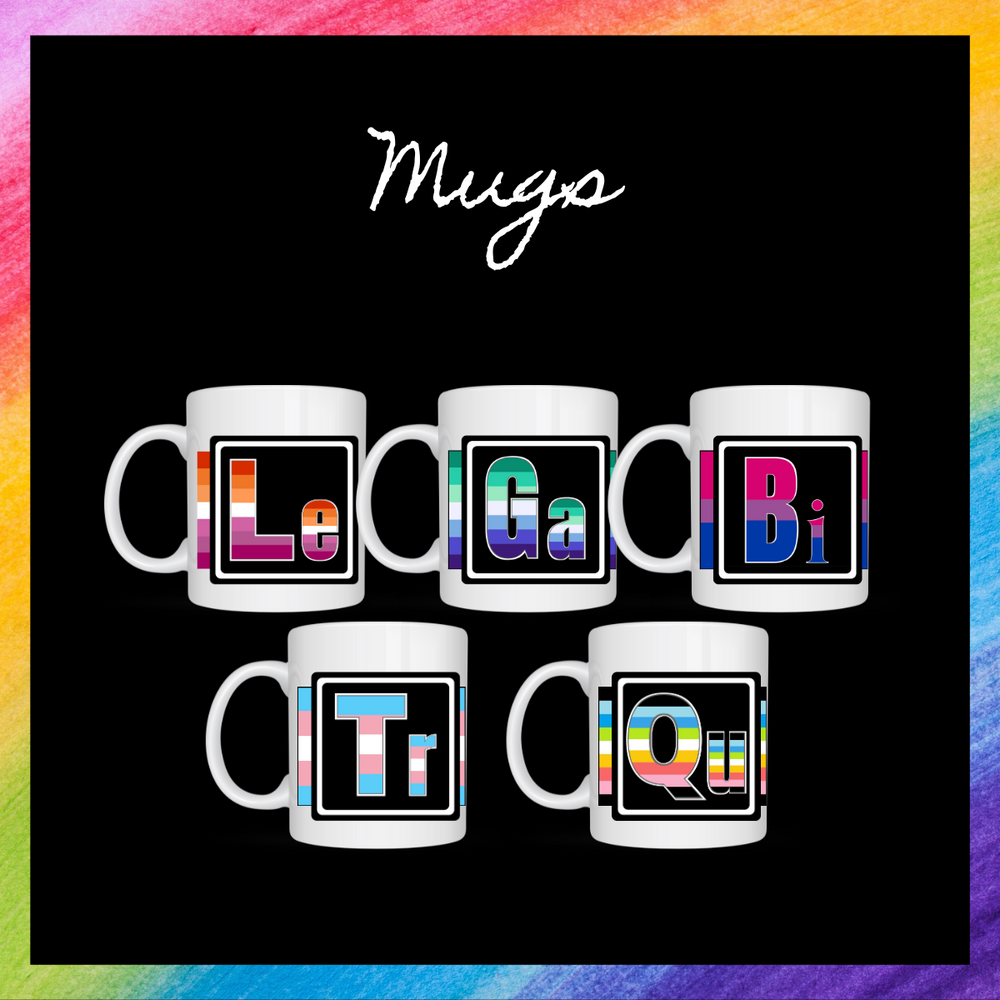 Rainbow and black background. Image shows 5 mugs which signify LGBTQ elements and the colors come from each element's pride flag