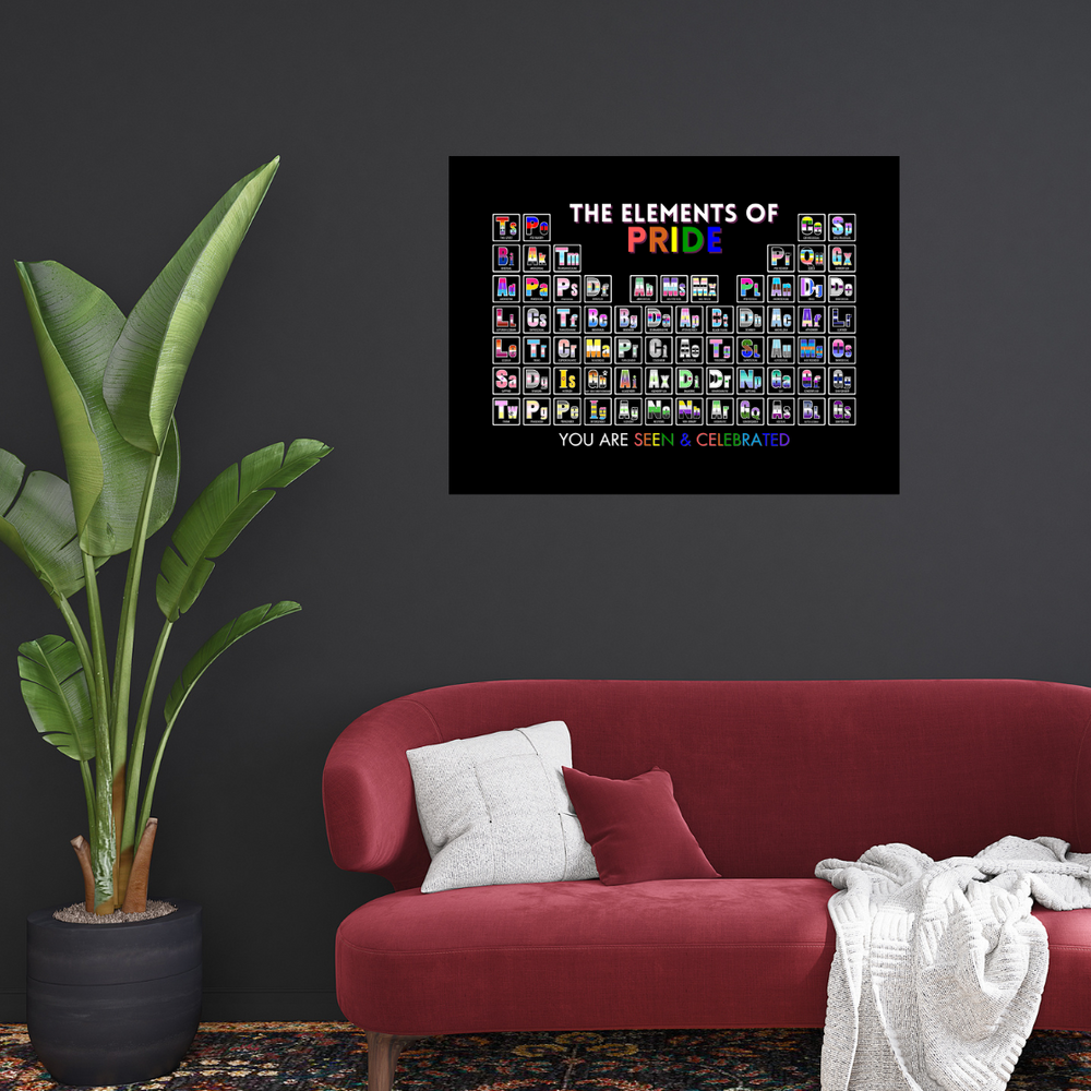 This room has a red lounge chaise with red and white pillows , a plant in the left hand corner, and  a poster of the Elements of Pride periodic table. 