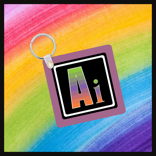 Keychain with the Element symbol (Ai) with a design based on the colors of that element’s flag in a black square with a purple background. Behind the keychain is a rainbow background.