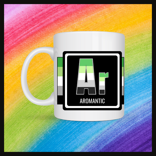 White mug with a 3 inch square containing the element’s symbol (Ar) and name (Aromantic). Symbol is made with the colors of that element’s flag in a black square with the element’s flag behind the square. Behind the mug is a rainbow background.