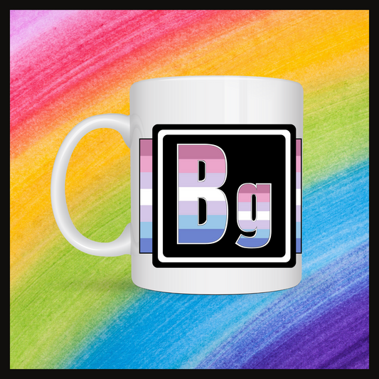 White mug with a 3 inch square containing the element’s symbol (Bg). Symbol is made with the colors of that element’s flag on a black background. Behind the mug is a rainbow background.