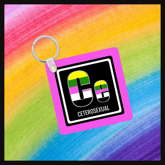 Keychain with the element symbol (Ce) and name (Ceterosexual) with a design based on the colors of that element’s flag in a black square with a pink background. Behind the keychain is a rainbow background.