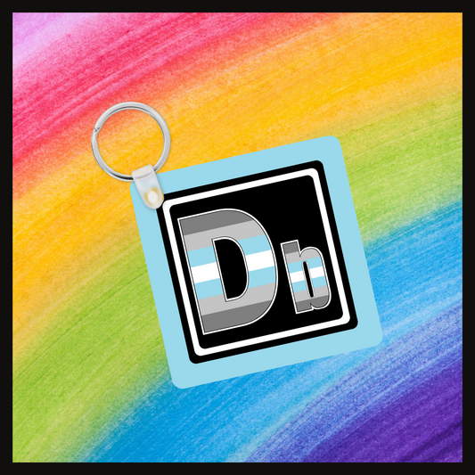 Keychain with the element symbol (Db) with a design based on the colors of that element’s flag in a black square with a blue background. Behind the keychain is a rainbow background.