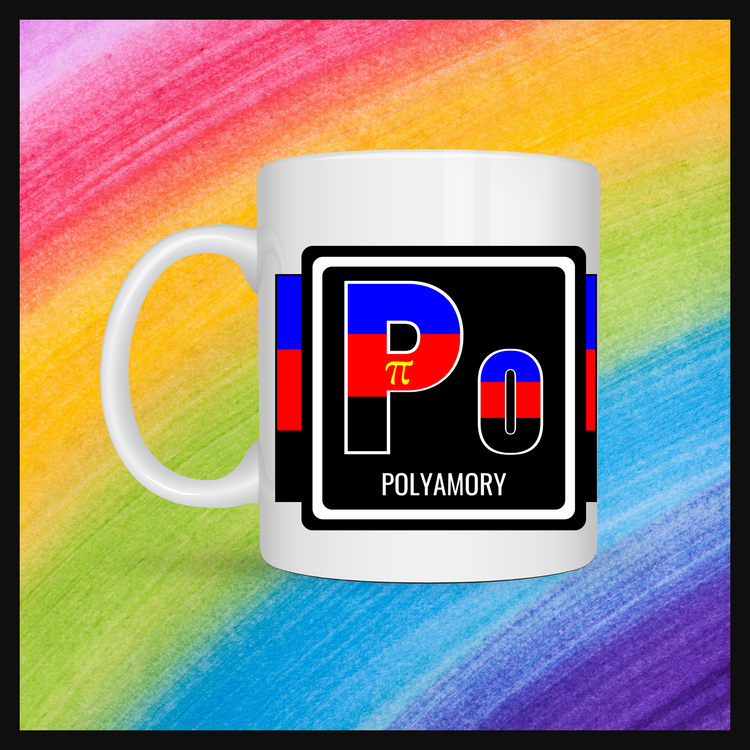 White mug with a 3 inch square containing the element’s symbol (Po) and name (Polyamorous). Symbol is made with the colors of that element’s flag in a black square with the element’s flag behind the square. Behind the mug is a rainbow background.