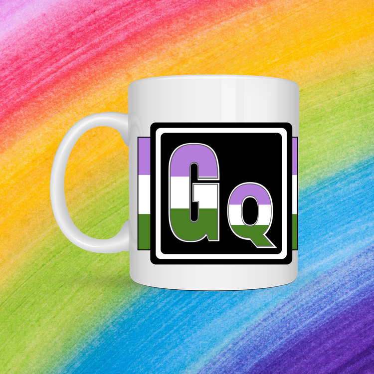 White mug with a 3 inch square containing the element’s symbol (Gq). ymbol is made with the colors of that element’s flag in a black square with the element’s flag behind the square. Behind the mug is a rainbow background.