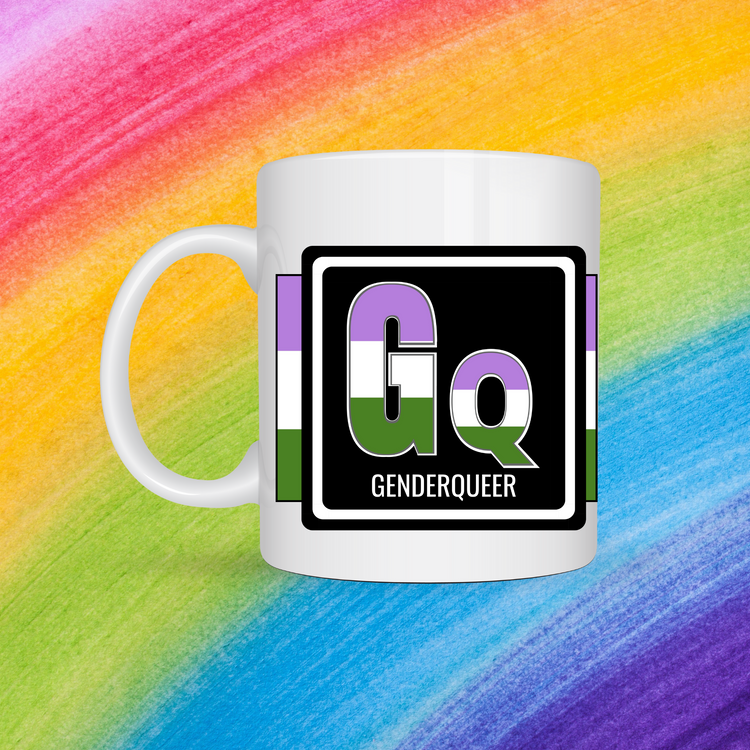 White mug with a 3 inch square containing the element’s symbol (Gq) and name (Genderqueer). ymbol is made with the colors of that element’s flag in a black square with the element’s flag behind the square. Behind the mug is a rainbow background.