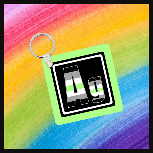 Keychain with the Element symbol (Ag) with a design based on the colors of that element’s flag in a black square with a green background. Behind the keychain is a rainbow background.