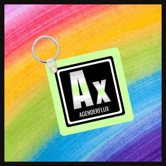 Keychain with the  Element symbol (Ax) and name (Agenderflux) with a design based on the colors of that element’s flag in a black square with a green background. Behind the keychain is a rainbow background.