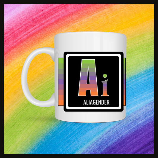 White mug with a 3 inch square containing the element’s symbol (Ai) and name (Aliagender). Symbol is made with the colors of that element’s flag on a black background. The pride flag is displayed behind the symbol. Behind the mug is a rainbow background.