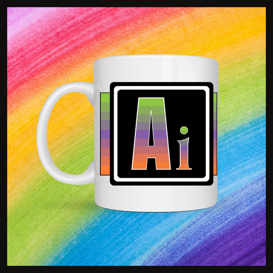 White mug with a 3 inch square containing the element’s symbol (Ai). Symbol is made with the colors of that element’s flag on a black background. The pride flag is displayed behind the symbol. Behind the mug is a rainbow background.