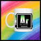 White mug with a 3 inch square containing the element’s symbol (Ar) and name (Aromantic). Symbol is made with the colors of that element’s flag in a black square with the element’s flag behind the square. Behind the mug is a rainbow background.