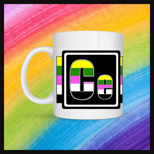 White mug with a 3 inch square containing the element’s symbol (Ce). Symbol is made with the colors of that element’s flag in a black square with the element’s flag behind the square. Behind the mug is a rainbow background.