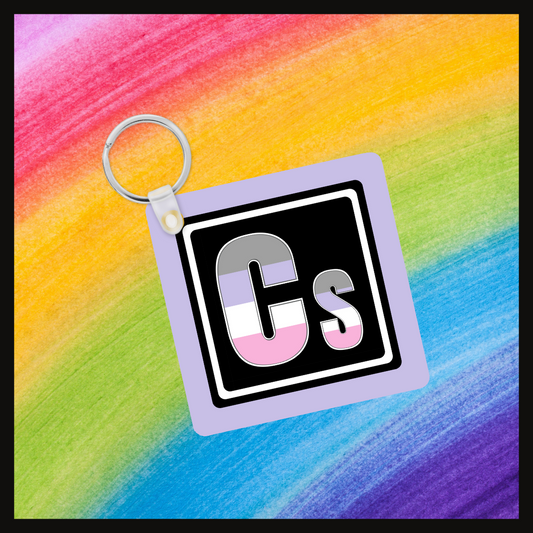 Keychain with the element symbol (Cs) with a design based on the colors of that element’s flag in a black square with a lavender background. Behind the keychain is a rainbow background.
